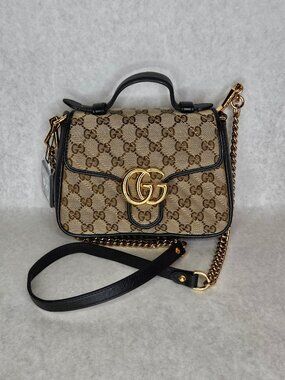 Gucci GG Supreme Canvas Marmont Top Handle Flap Crossbody Handbag Purse
